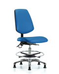 Vinyl ESD Chair - Medium Bench Height with Medium Back, Chrome Foot Ring, & ESD Stationary Glides in ESD Blue Vinyl ESD-VMBCH-MB-CR-T0-A0-CF-EG-ESDBLU