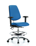 Vinyl ESD Chair - Medium Bench Height with Medium Back, Adjustable Arms, Chrome Foot Ring, & ESD Casters in ESD Blue Vinyl ESD-VMBCH-MB-CR-T0-A1-CF-EC-ESDBLU