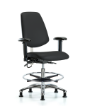 Vinyl ESD Chair - Medium Bench Height with Medium Back, Adjustable Arms, Chrome Foot Ring, & ESD Stationary Glides in ESD Black Vinyl ESD-VMBCH-MB-CR-T0-A1-CF-EG-ESDBLK