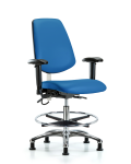Vinyl ESD Chair - Medium Bench Height with Medium Back, Adjustable Arms, Chrome Foot Ring, & ESD Stationary Glides in ESD Blue Vinyl ESD-VMBCH-MB-CR-T0-A1-CF-EG-ESDBLU