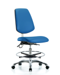 Vinyl ESD Chair - Medium Bench Height with Medium Back, Seat Tilt, Chrome Foot Ring, & ESD Casters in ESD Blue Vinyl ESD-VMBCH-MB-CR-T1-A0-CF-EC-ESDBLU