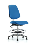 Vinyl ESD Chair - Medium Bench Height with Medium Back, Seat Tilt, Chrome Foot Ring, & ESD Stationary Glides in ESD Blue Vinyl ESD-VMBCH-MB-CR-T1-A0-CF-EG-ESDBLU