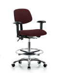 Fabric Chair Chrome - High Bench Height with Adjustable Arms, Chrome Foot Ring, & Casters in Burgundy Fabric FHBCH-CR-T0-A1-CF-CC-F41