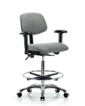 Fabric Chair Chrome - High Bench Height with Adjustable Arms, Chrome Foot Ring, & Casters in Gray Fabric FHBCH-CR-T0-A1-CF-CC-F44