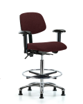 Fabric Chair Chrome - High Bench Height with Adjustable Arms, Chrome Foot Ring, & Stationary Glides in Burgundy Fabric FHBCH-CR-T0-A1-CF-RG-F41