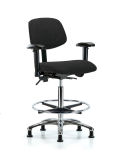 Fabric Chair Chrome - High Bench Height with Adjustable Arms, Chrome Foot Ring, & Stationary Glides in Black Fabric FHBCH-CR-T0-A1-CF-RG-F42