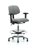 Fabric Chair Chrome - High Bench Height with Adjustable Arms, Chrome Foot Ring, & Stationary Glides in Gray Fabric FHBCH-CR-T0-A1-CF-RG-F44