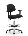 Fabric Chair Chrome - High Bench Height with Seat Tilt, Adjustable Arms, Chrome Foot Ring, & Casters in Black Fabric FHBCH-CR-T1-A1-CF-CC-F42