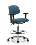 Fabric Chair Chrome - High Bench Height with Seat Tilt, Adjustable Arms, Chrome Foot Ring, & Casters in Blue Fabric FHBCH-CR-T1-A1-CF-CC-F43