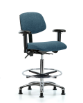 Fabric Chair Chrome - High Bench Height with Seat Tilt, Adjustable Arms, Chrome Foot Ring, & Stationary Glides in Blue Fabric FHBCH-CR-T1-A1-CF-RG-F43