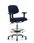 Fabric Chair Chrome - High Bench Height with Seat Tilt, Adjustable Arms, Chrome Foot Ring, & Stationary Glides in Navy Fabric FHBCH-CR-T1-A1-CF-RG-F45
