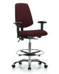 Fabric Chair Chrome - High Bench Height with Medium Back, Adjustable Arms, Chrome Foot Ring, & Casters in Burgundy Fabric FHBCH-MB-CR-T0-A1-CF-CC-F41