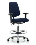Fabric Chair Chrome - High Bench Height with Medium Back, Adjustable Arms, Chrome Foot Ring, & Casters in Navy Fabric FHBCH-MB-CR-T0-A1-CF-CC-F45