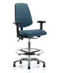 Fabric Chair Chrome - High Bench Height with Medium Back, Adjustable Arms, Chrome Foot Ring, & Stationary Glides in Blue Fabric FHBCH-MB-CR-T0-A1-CF-RG-F43
