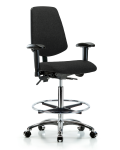 Fabric Chair Chrome - High Bench Height with Medium Back, Seat Tilt, Adjustable Arms, Chrome Foot Ring, & Casters in Black Fabric FHBCH-MB-CR-T1-A1-CF-CC-F42