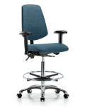 Fabric Chair Chrome - High Bench Height with Medium Back, Seat Tilt, Adjustable Arms, Chrome Foot Ring, & Casters in Blue Fabric FHBCH-MB-CR-T1-A1-CF-CC-F43