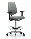 Fabric Chair Chrome - High Bench Height with Medium Back, Seat Tilt, Adjustable Arms, Chrome Foot Ring, & Casters in Gray Fabric FHBCH-MB-CR-T1-A1-CF-CC-F44