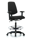 Fabric Chair - High Bench Height with Medium Back, Adjustable Arms, Chrome Foot Ring, & Casters in Black Fabric FHBCH-MB-RG-T0-A1-CF-RC-F42