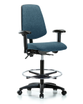 Fabric Chair - High Bench Height with Medium Back, Adjustable Arms, Chrome Foot Ring, & Casters in Blue Fabric FHBCH-MB-RG-T0-A1-CF-RC-F43