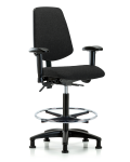 Fabric Chair - High Bench Height with Medium Back, Adjustable Arms, Chrome Foot Ring, & Stationary Glides in Black Fabric FHBCH-MB-RG-T0-A1-CF-RG-F42