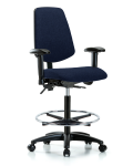 Fabric Chair - High Bench Height with Medium Back, Seat Tilt, Adjustable Arms, Chrome Foot Ring, & Casters in Navy Fabric FHBCH-MB-RG-T1-A1-CF-RC-F45