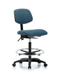 Fabric Chair - High Bench Height with Chrome Foot Ring & Casters in Blue Fabric FHBCH-RG-T0-A0-CF-RC-F43