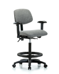 Fabric Chair - High Bench Height with Adjustable Arms, Black Foot Ring, & Casters in Gray Fabric FHBCH-RG-T0-A1-BF-RC-F44