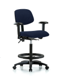 Fabric Chair - High Bench Height with Adjustable Arms, Black Foot Ring, & Casters in Navy Fabric FHBCH-RG-T0-A1-BF-RC-F45