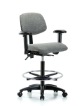 Fabric Chair - High Bench Height with Adjustable Arms, Chrome Foot Ring, & Casters in Gray Fabric FHBCH-RG-T0-A1-CF-RC-F44