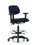 Fabric Chair - High Bench Height with Adjustable Arms, Chrome Foot Ring, & Casters in Navy Fabric FHBCH-RG-T0-A1-CF-RC-F45