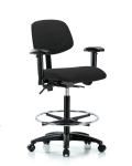 Fabric Chair - High Bench Height with Seat Tilt, Adjustable Arms, Chrome Foot Ring, & Casters in Black Fabric FHBCH-RG-T1-A1-CF-RC-F42
