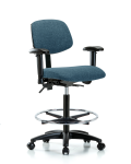 Fabric Chair - High Bench Height with Seat Tilt, Adjustable Arms, Chrome Foot Ring, & Casters in Blue Fabric FHBCH-RG-T1-A1-CF-RC-F43