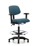 Fabric Chair - High Bench Height with Seat Tilt, Adjustable Arms, Chrome Foot Ring, & Stationary Glides in Blue Fabric FHBCH-RG-T1-A1-CF-RG-F43