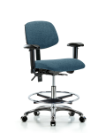 Fabric Chair Chrome - Medium Bench Height with Adjustable Arms, Chrome Foot Ring, & Casters in Blue Fabric FMBCH-CR-T0-A1-CF-CC-F43