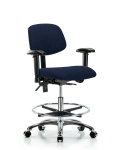 Fabric Chair Chrome - Medium Bench Height with Adjustable Arms, Chrome Foot Ring, & Casters in Navy Fabric FMBCH-CR-T0-A1-CF-CC-F45