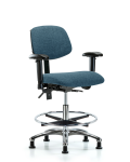Fabric Chair Chrome - Medium Bench Height with Adjustable Arms, Chrome Foot Ring, & Stationary Glides in Blue Fabric FMBCH-CR-T0-A1-CF-RG-F43