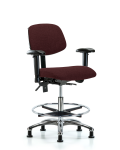 Fabric Chair Chrome - Medium Bench Height with Seat Tilt, Adjustable Arms, Chrome Foot Ring, & Stationary Glides in Burgundy Fabric FMBCH-CR-T1-A1-CF-RG-F41