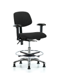 Fabric Chair Chrome - Medium Bench Height with Seat Tilt, Adjustable Arms, Chrome Foot Ring, & Stationary Glides in Black Fabric FMBCH-CR-T1-A1-CF-RG-F42