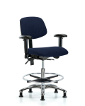 Fabric Chair Chrome - Medium Bench Height with Seat Tilt, Adjustable Arms, Chrome Foot Ring, & Stationary Glides in Navy Fabric FMBCH-CR-T1-A1-CF-RG-F45