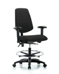 Fabric Chair - Medium Bench Height with Medium Back, Adjustable Arms, Chrome Foot Ring, & Casters in Black Fabric FMBCH-MB-RG-T0-A1-CF-RC-F42