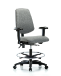 Fabric Chair - Medium Bench Height with Medium Back, Adjustable Arms, Chrome Foot Ring, & Casters in Gray Fabric FMBCH-MB-RG-T0-A1-CF-RC-F44