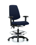 Fabric Chair - Medium Bench Height with Medium Back, Adjustable Arms, Chrome Foot Ring, & Casters in Navy Fabric FMBCH-MB-RG-T0-A1-CF-RC-F45