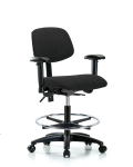 Fabric Chair - Medium Bench Height with Adjustable Arms, Chrome Foot Ring, & Casters in Black Fabric FMBCH-RG-T0-A1-CF-RC-F42