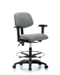 Fabric Chair - Medium Bench Height with Adjustable Arms, Chrome Foot Ring, & Casters in Gray Fabric FMBCH-RG-T0-A1-CF-RC-F44