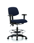 Fabric Chair - Medium Bench Height with Seat Tilt, Adjustable Arms, Chrome Foot Ring, & Casters in Navy Fabric FMBCH-RG-T1-A1-CF-RC-F45