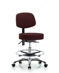 Fabric Stool with Back Chrome - Medium Bench Height with Chrome Foot Ring & Casters in Burgundy Fabric FMBST-CR-T0-CF-CC-F41
