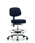 Fabric Stool with Back Chrome - Medium Bench Height with Chrome Foot Ring & Casters in Navy Fabric FMBST-CR-T0-CF-CC-F45