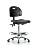 Newport Industrial Polyurethane Chair Chrome - High Bench Height with Chrome Foot Ring & Casters in Black Polyurethane HPHBCH-CR-T0-A0-CF-CC-BLK