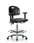 Newport Industrial Polyurethane Chair Chrome - High Bench Height with Adjustable Arms, Chrome Foot Ring, & Casters in Black Polyurethane HPHBCH-CR-T0-A1-CF-CC-BLK