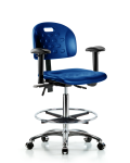 Newport Industrial Polyurethane Chair Chrome - High Bench Height with Adjustable Arms, Chrome Foot Ring, & Casters in Blue Polyurethane HPHBCH-CR-T0-A1-CF-CC-BLU